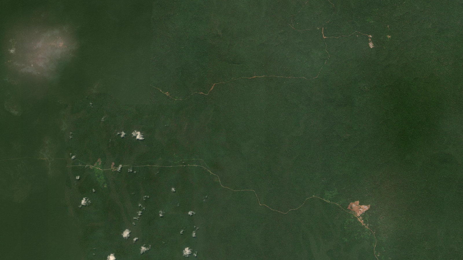 Satellite view of the forested ridge country around the Mbalam iron ore deposit in south-east Cameroon, close to the Republic of Congo border where the Nabeba deposit continues the same ore body.