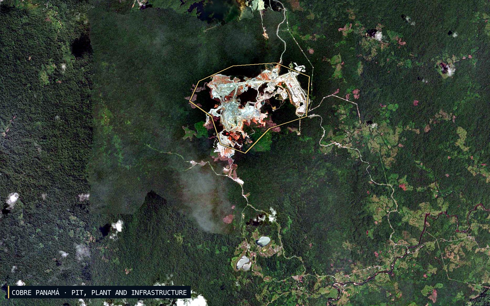 Satellite view of the Cobre Panamá copper mine, with the pit, process plant and site infrastructure outlined against surrounding rainforest.
