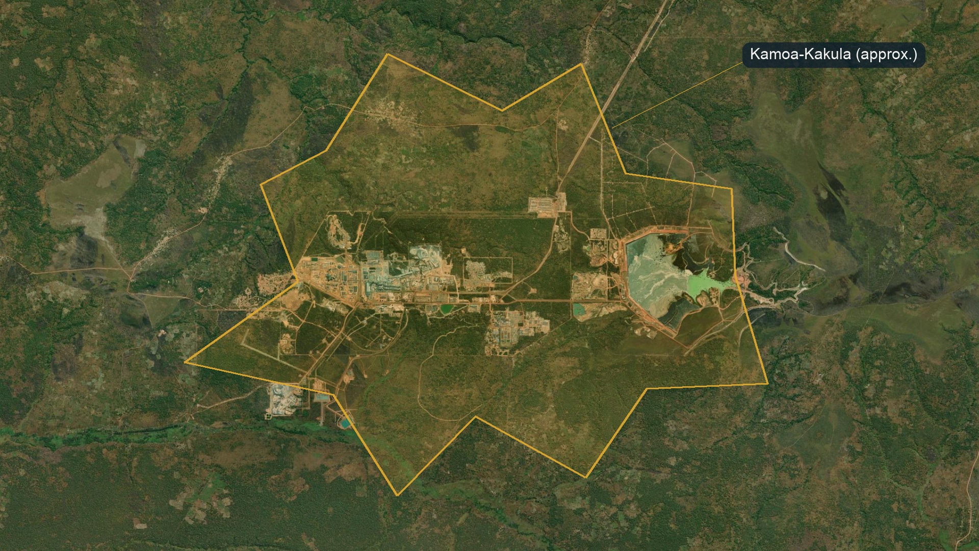 Satellite view of the Kamoa-Kakula copper complex in Lualaba province, DR Congo, with an outline marking the approximate area of the workings.