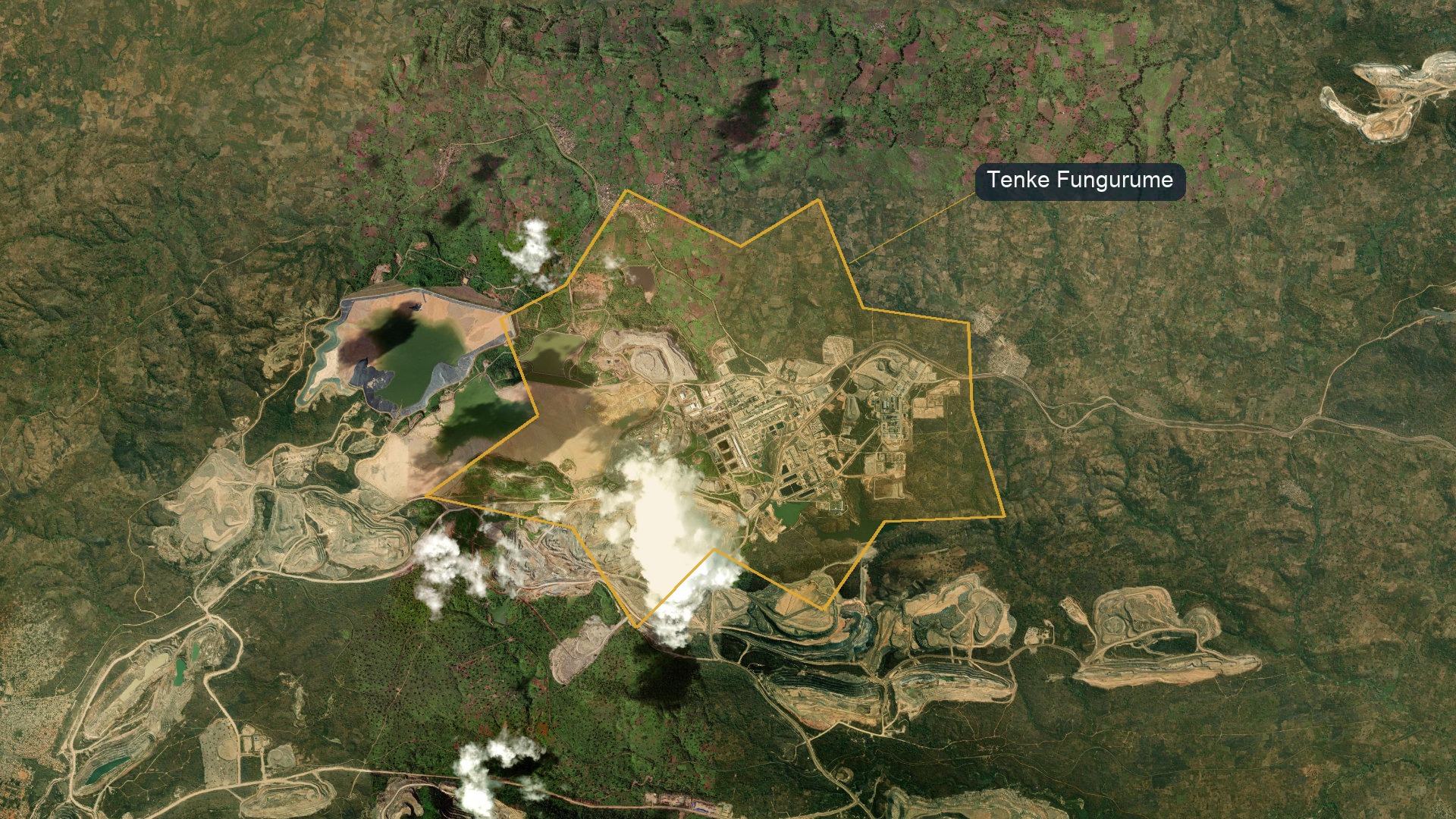 Satellite view of the Tenke Fungurume copper and cobalt complex in Lualaba province, DR Congo, with an outline marking the approximate area of the workings.