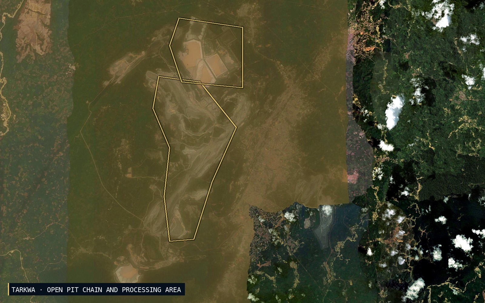 Satellite view of the Tarkwa gold mine in western Ghana, with the open-pit chain and the processing and leach-pad area outlined.