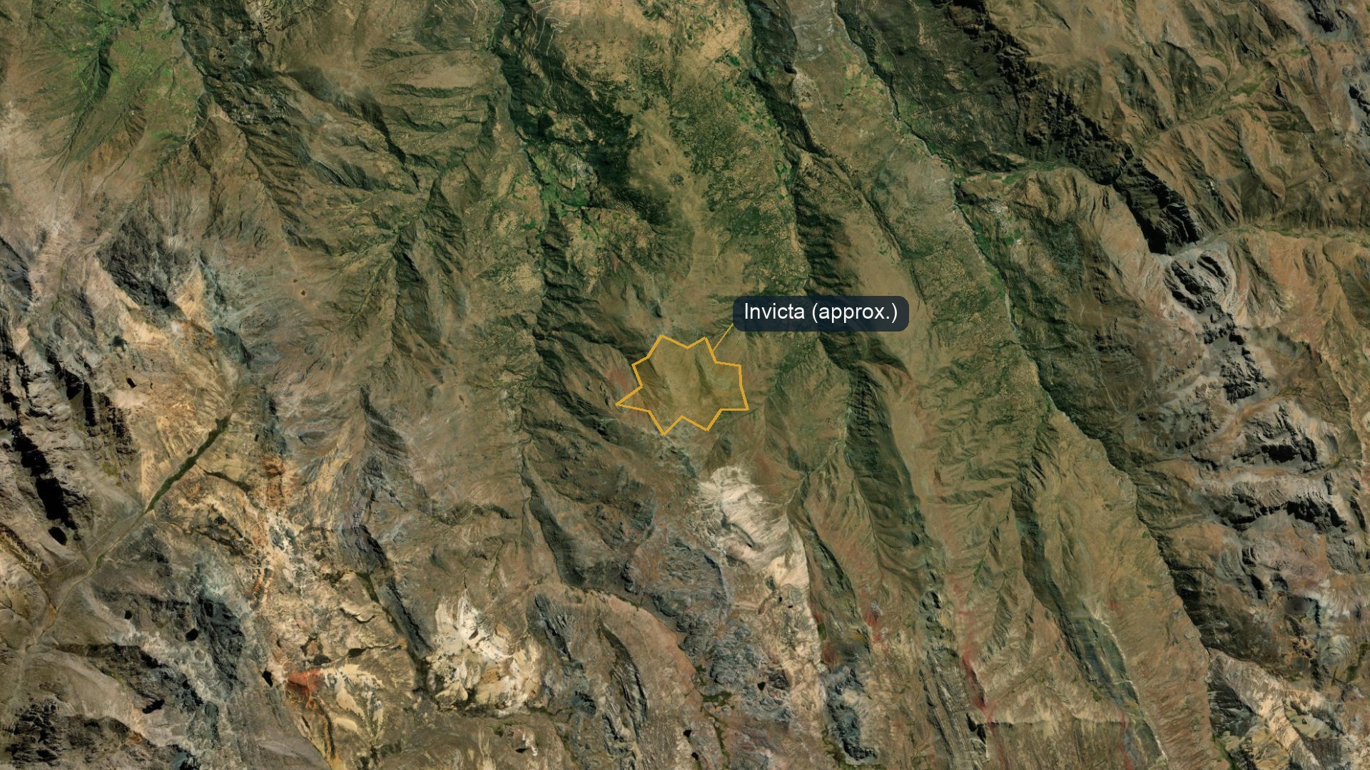 Satellite view of the Andean highlands of Huaura province, Peru, with an outline marking the approximate area of the Invicta workings.