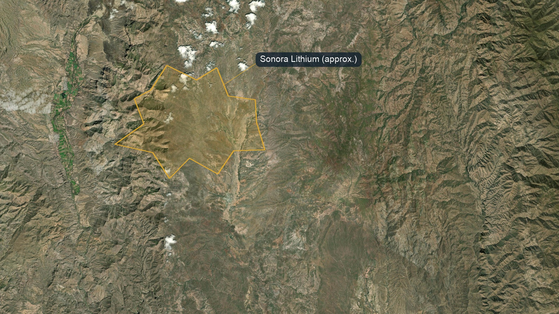 Satellite view of the Sonora Lithium Project area in northeastern Sonora, Mexico, with an outline marking the approximate area of the concessions.